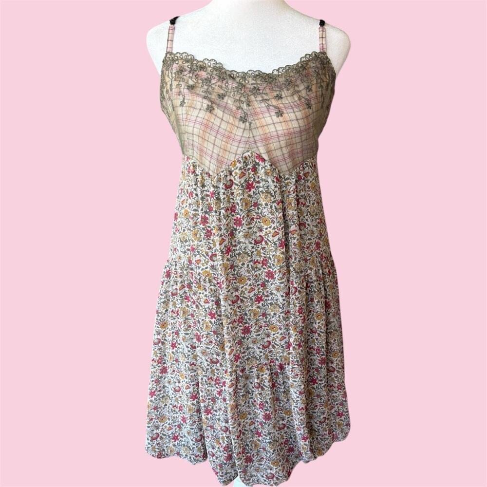 Vintage Cop Copine. floral midi dress with lace trim and plaid top.